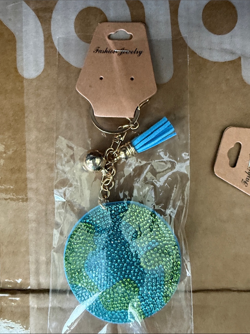 Fashion Jewelry Blue & Green Globe Crystal Tassel Keychain